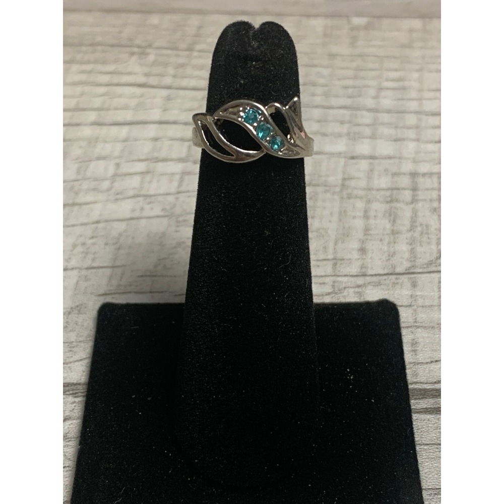 Silver Tone Bypass Ring Teal Blue Rhinestones Ribbon Design Size 4